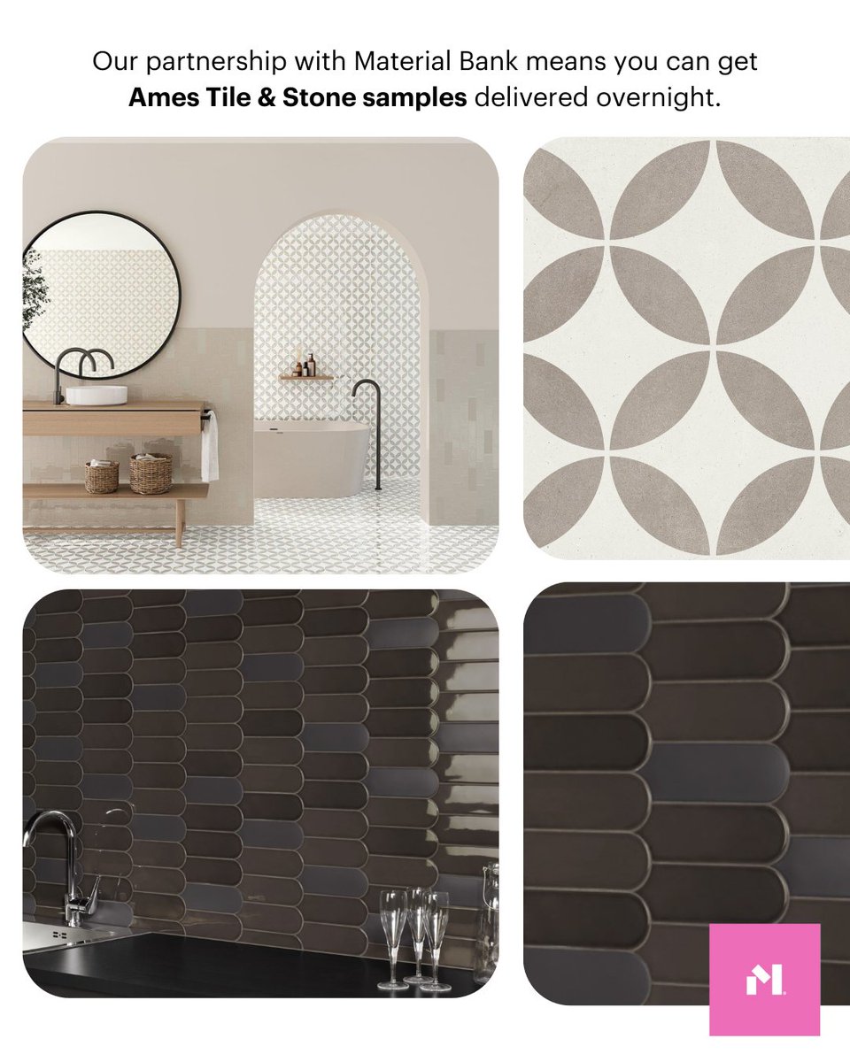 amestile's tweet image. 📢 Exciting news! Ames Tile &amp;amp; Stone is now on Material Bank—the fastest, most sustainable way to sample materials. Designers, architects, and industry pros can now order our tile samples overnight and for free! 🚀♻️

#MaterialBank #SustainableDesign #DesignResponsibly #TileSample