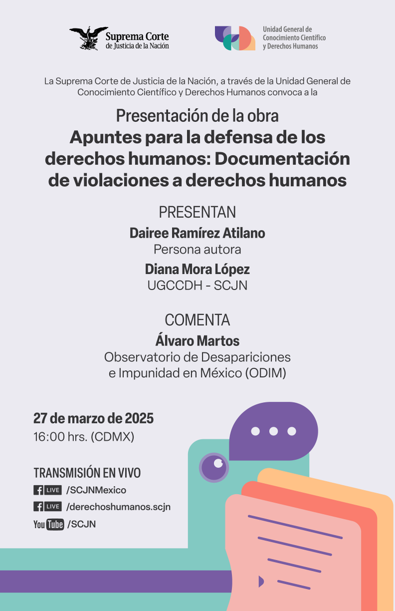 ddhh_scjn's tweet photo. ⏰ Este 27 de marzo ¡No te lo pierdas! 
Presentación virtual de los Apuntes para la defensa de los derechos humanos: documentación de violaciones a derechos humanos. Transmisión en vivo a través de las redes de la Corte, 16h.

#DDHH #UGCCDH https://t.co/NnxpXBhOXp