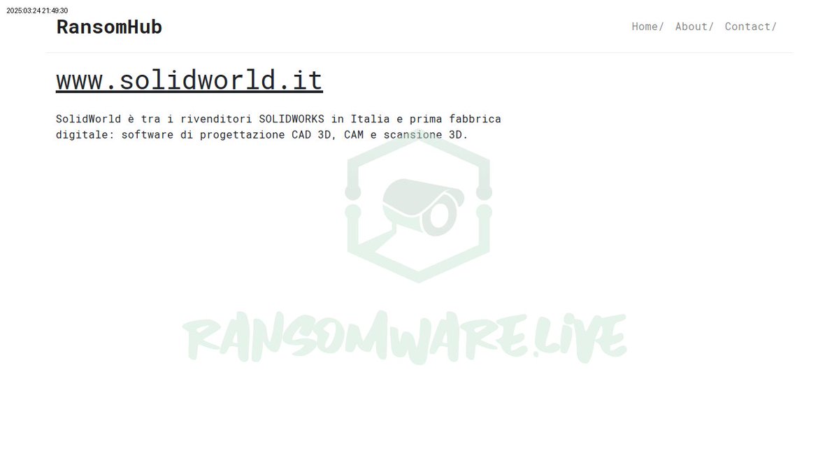 TweetThreatNews's tweet photo. SolidWorld, an Italian leader in product development solutions, has been hit by a ransomware attack from RansomHub. The impact on their innovative 3D technologies remains to be seen. 🔒💻 #SolidWorld #Ransomware #Italy
link: https://t.co/jT2RdOPwUg https://t.co/KB4Xc0TXUI