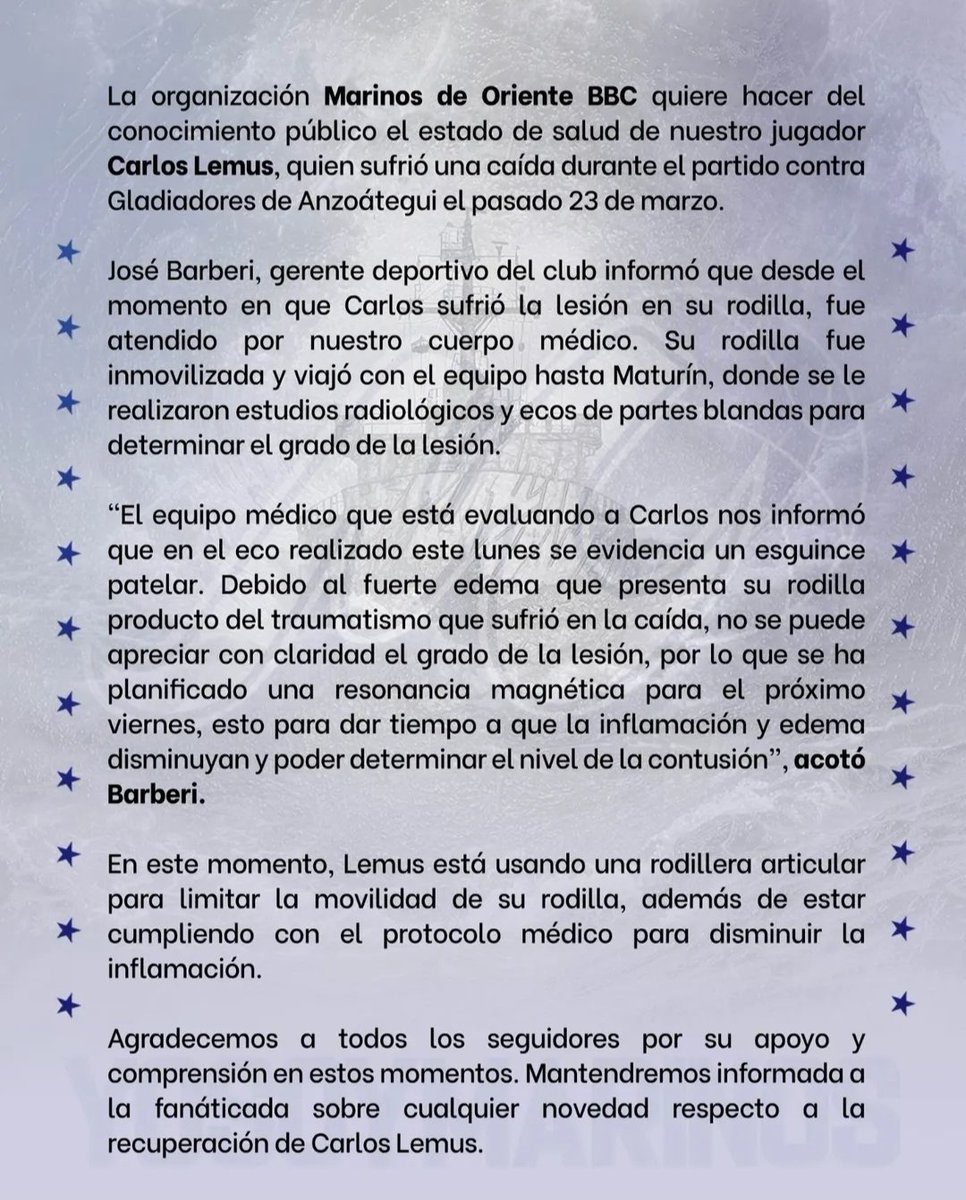 Parte médico de <a href="/marinosweb/">Marinos BBC</a> sobre la lesión de Carlos Lemus: