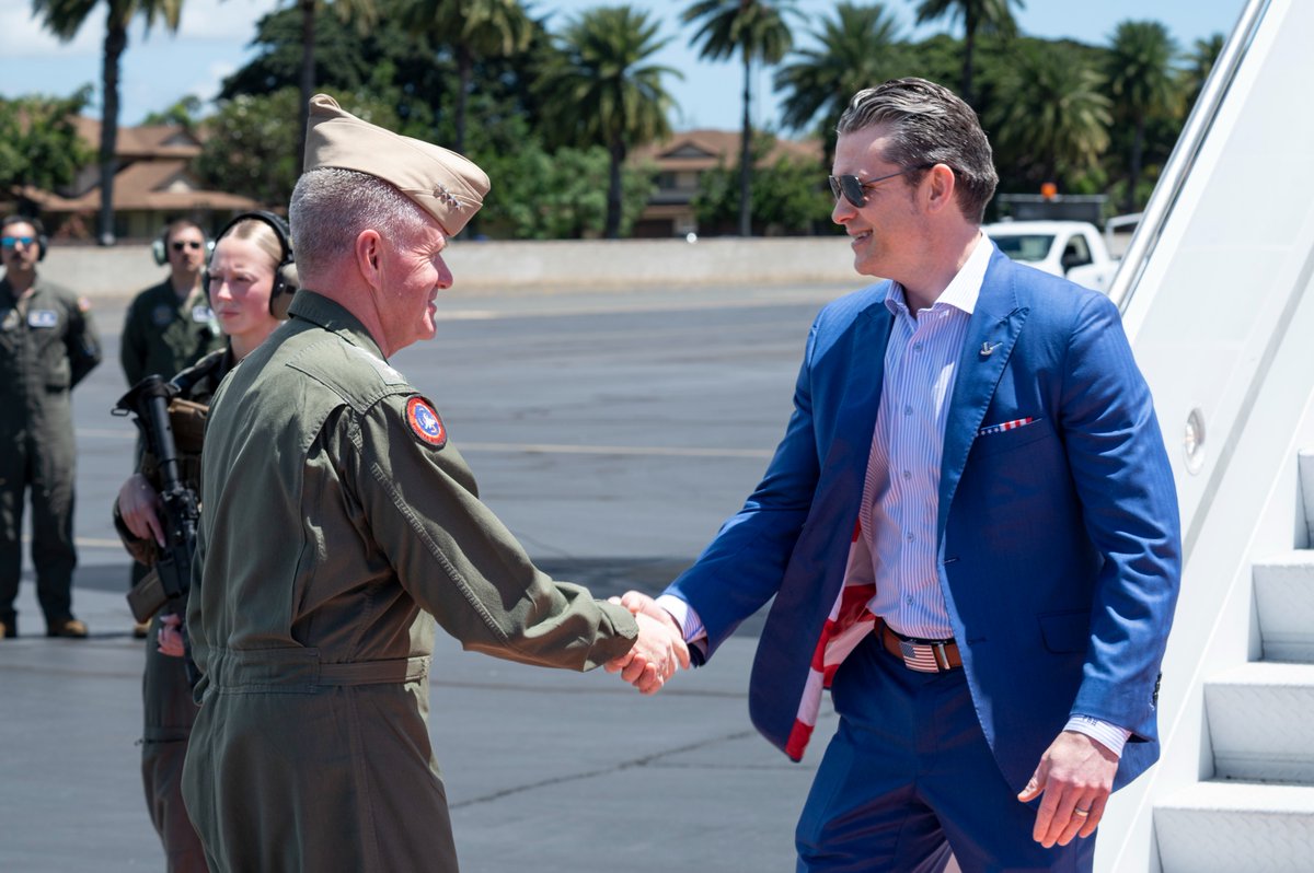 INDOPACOM's tweet image. @SecDef Pete Hegseth arrives at #USINDOPACOM, commencing a trip focused on strong #alliances and #partnerships in the region. Every #Warfighter in the #IndoPacific is #ReadyNow.