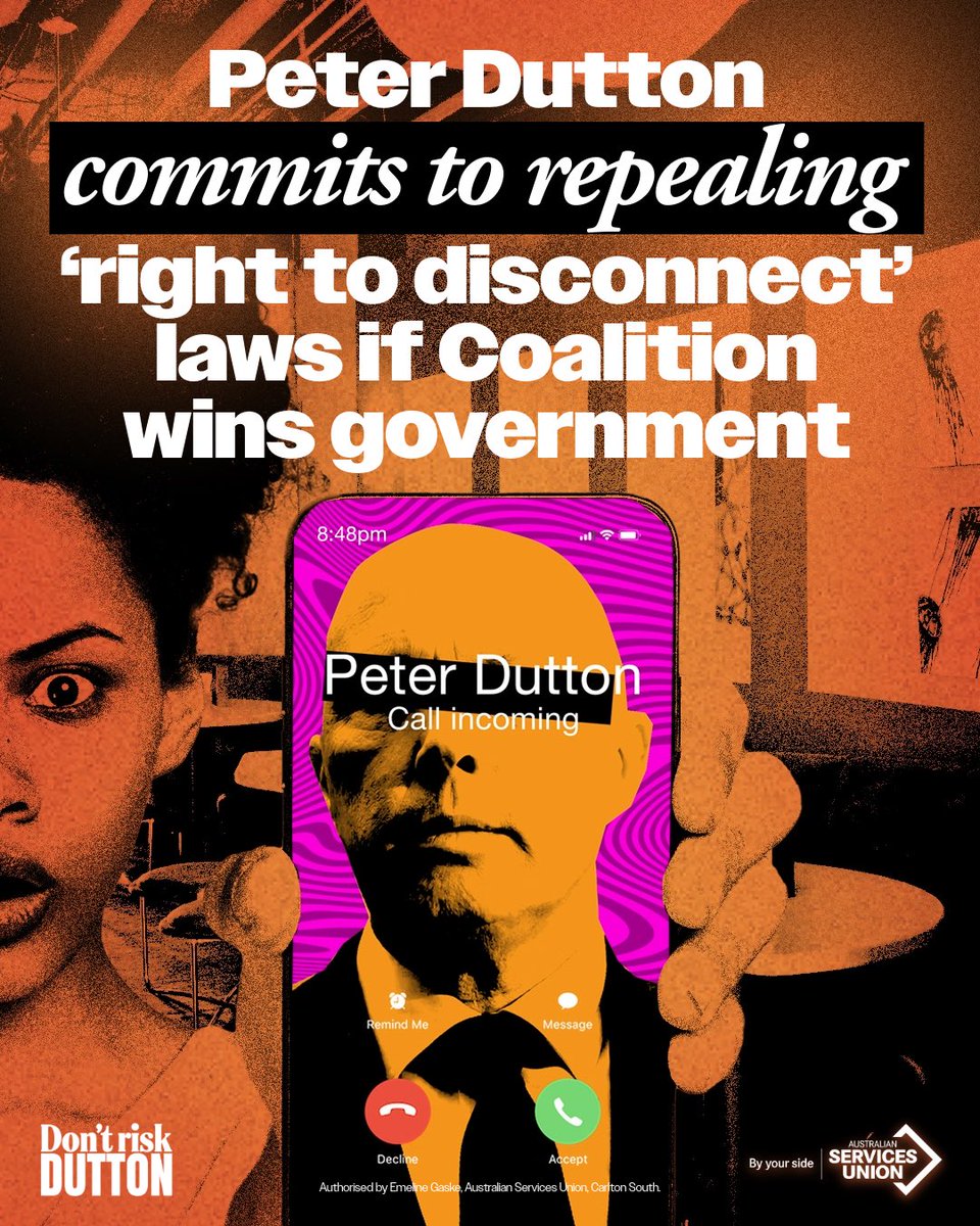 Dutton’s plan? Scrap the Right to Disconnect, making unpaid overtime even worse. Workers fought hard for this win — we won’t let him take it away. 
 
#DontRiskDutton