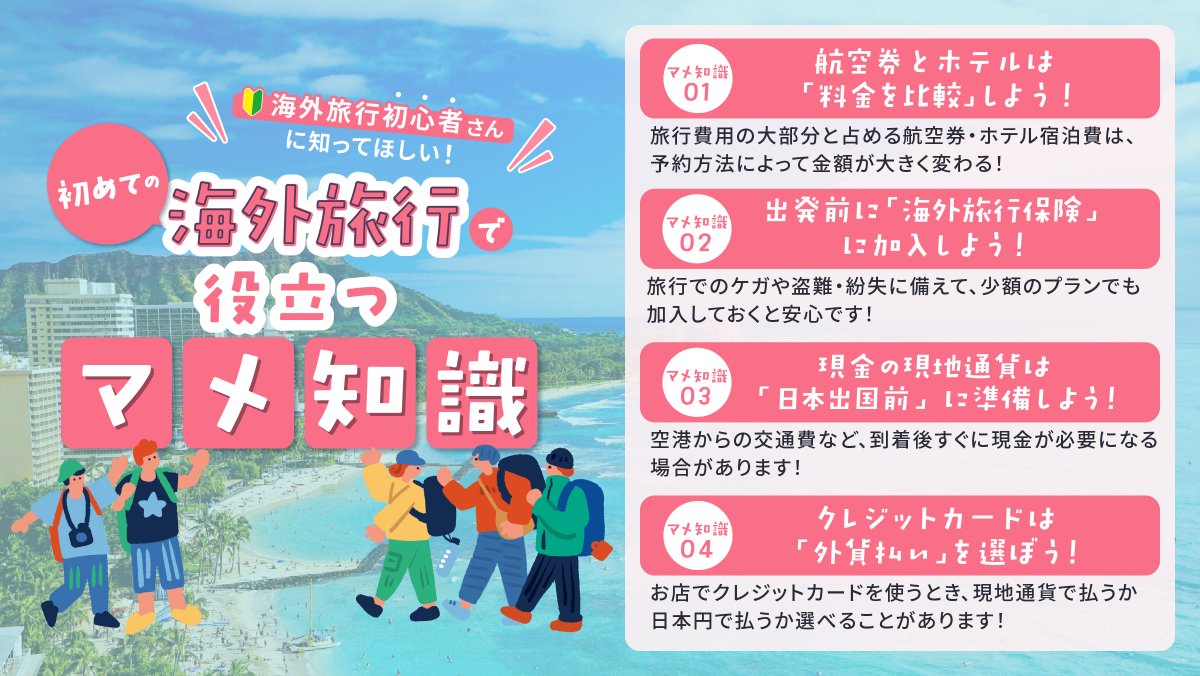 GLOBAL_WiFi's tweet photo. ＼海外旅行初心者さん必見！初めての海外旅行で役立つマメ知識🫛／

憧れの海外旅行、ワクワクするけどちょっと不安…😖
そんな初心者さんに向けて、海外旅行を安心して楽しめるようにマメ知識をご紹介します✨

しっかり準備をして、初海外を思いっきり楽しもう✈️🌍

#海外旅行 #グローバルWiFi #globalwifi #海外 #WiFi