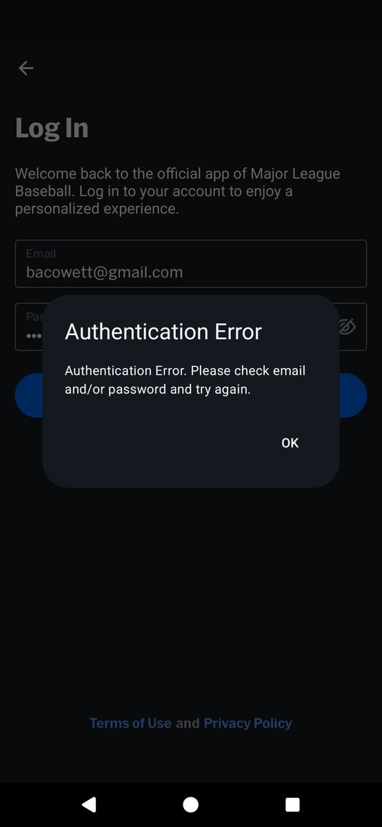 BACowett's tweet photo. @MLBFanSupport MLB dot com and the MLB won't let me log in, and hasn't let me for months. The website gives me a blank page with no prompt, and the app tells me there's an authentication error. If I try to reset my password, it blocks the request https://t.co/1W6fIR88wk