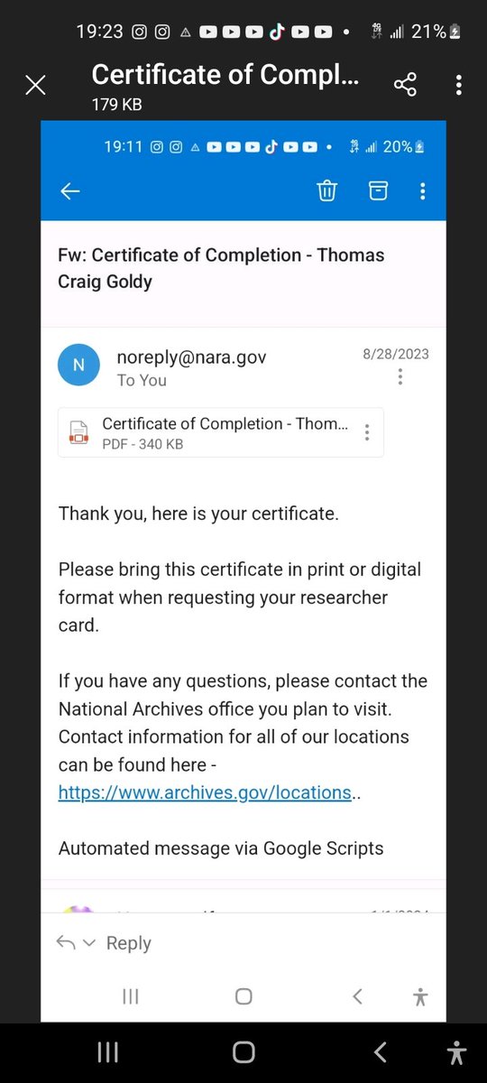 Just forwarded this to myself. It's my Certificate of Completion to become a valid researcher. Thomas is my legal first name. I can go into any National Archives and view documents. So when I say according to reliable sources I mean reliable sources. Just sayin'