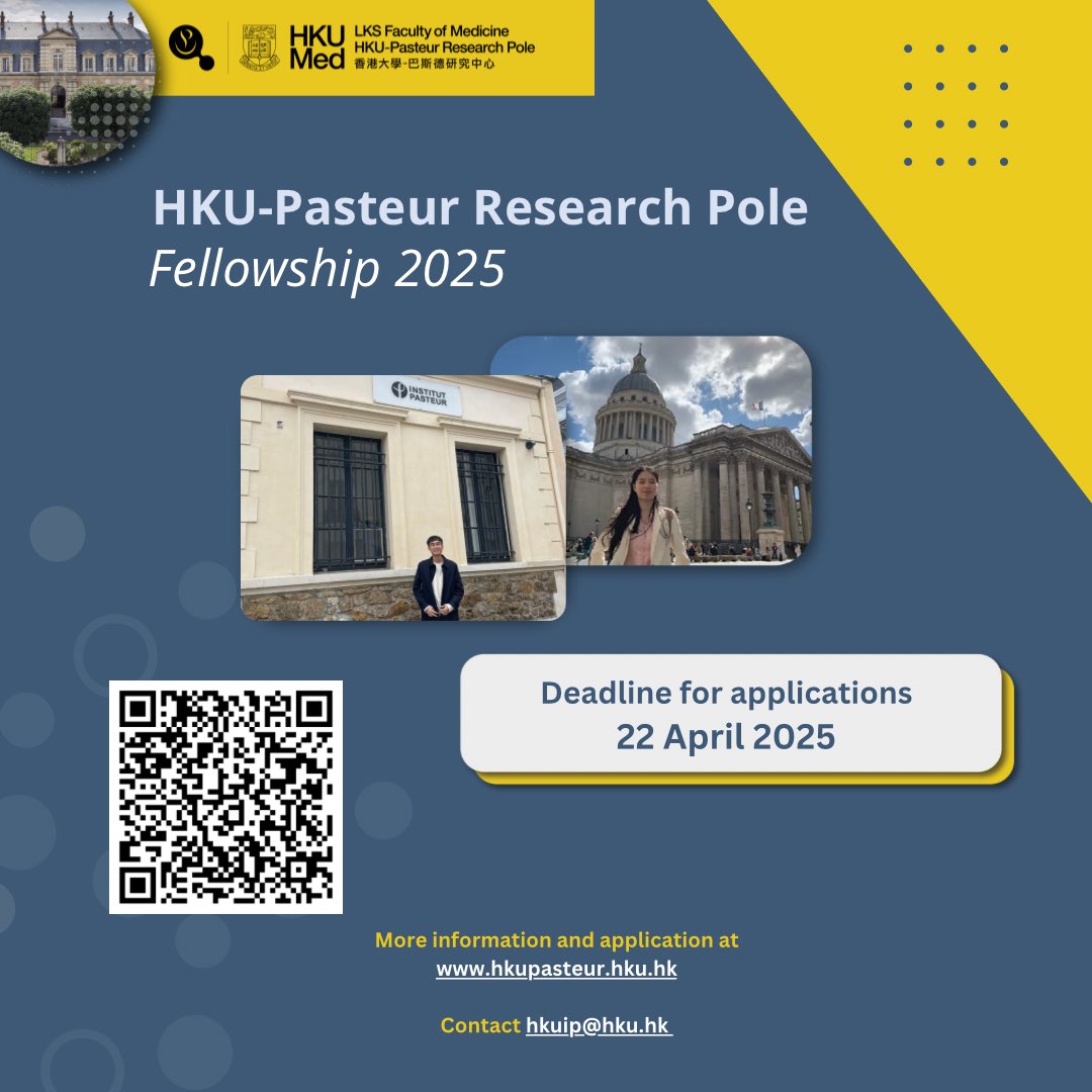 The HKU-Pasteur Research Pole (@hku_pasteur) on Twitter photo HKU-Pasteur Research Pole Fellowship 2025 - Applications are open! ✅
You are a Postgraduate students and Postdoctoral fellows at a Hong Kong or Macau university? Join the prestigious <a href="/institutpasteur/">Institut Pasteur, since 1887</a> on a fully-funded research internship.
Applications deadline: 22 April 2025 HKU-Pasteur Research Pole Fellowship 2025 - Applications are open! ✅
You are a Postgraduate students and Postdoctoral fellows at a Hong Kong or Macau university? Join the prestigious <a href="/institutpasteur/">Institut Pasteur, since 1887</a> on a fully-funded research internship.
Applications deadline: 22 April 2025