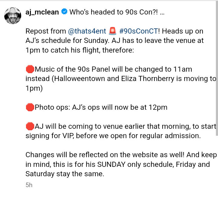 misha_bsb's tweet photo. 🚨🚨🚨Changes to AJ Mclean's Sunday agenda at #90sConCT:
see embedded screenshot below for details
source:👇 https://t.co/Kqh0B5KOrL
