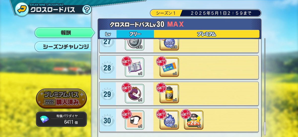 크로스로드패스 30레벨달성
クロスロードパス完了

#栄冠クロス