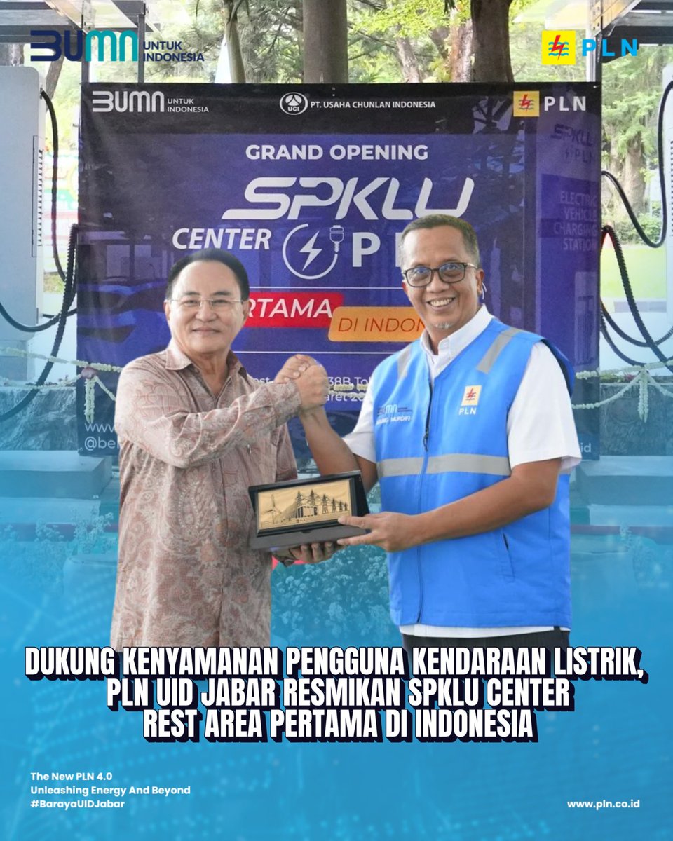 pln_jabar's tweet image. Electrizen, untuk mendukung perkembangan ekosistem kendaraan listrik di Indonesia, PLN UID Jawa Barat resmikan SPKLU Center di Rest Area KM 38B Tol Jagorawi yang merupakan SPKLU Center pertama di Indonesia, pada 24 Maret 2025.

 #plnjabar #SPKLU #electricvehicle #BarayaUIDJabar