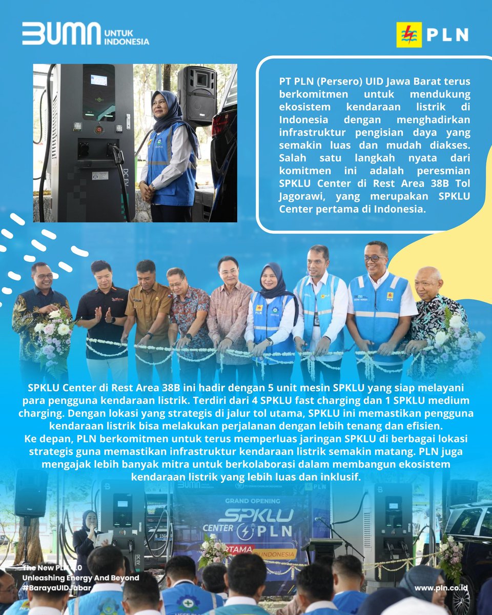 pln_jabar's tweet image. Electrizen, untuk mendukung perkembangan ekosistem kendaraan listrik di Indonesia, PLN UID Jawa Barat resmikan SPKLU Center di Rest Area KM 38B Tol Jagorawi yang merupakan SPKLU Center pertama di Indonesia, pada 24 Maret 2025.

 #plnjabar #SPKLU #electricvehicle #BarayaUIDJabar