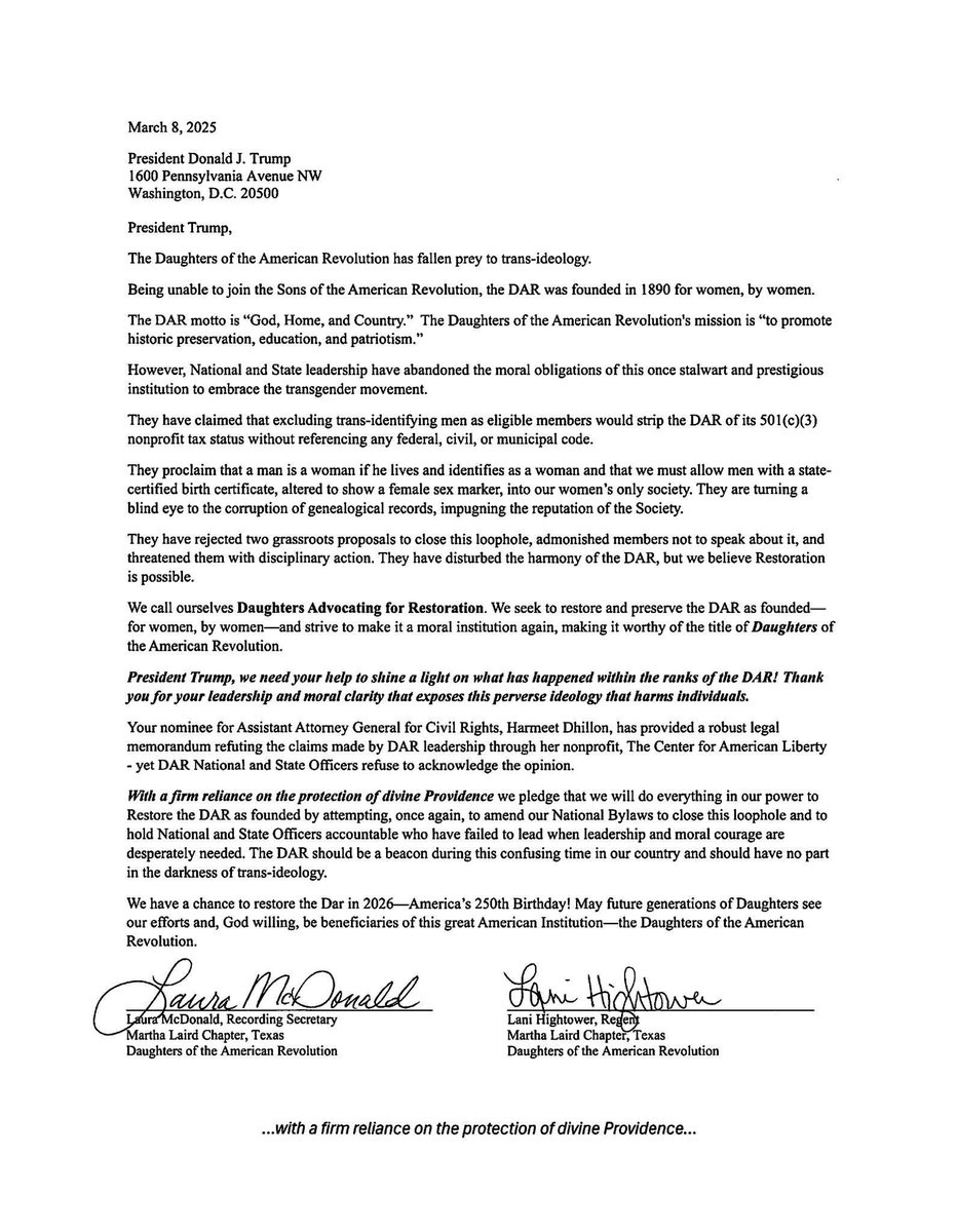 1776daughter's tweet photo. Daughters Advocating for Restorationโs letter to President Trump has 157 signees representing 36 states; 99 DAR chapters; and 50 resigned members and/or former officers. For more info visit https://t.co/uFc9gqi2N0 #DaughtersoftheAmericanRevolution #NSDAR #DAR #TodaysDAR #lineagesociety #lineagesocieties