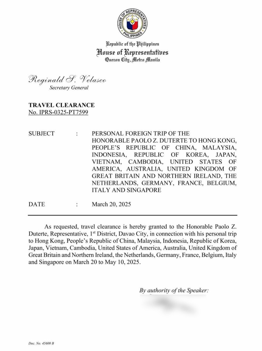 PhilippineStar's tweet photo. READ: House Speaker Martin Romualdez granted the travel clearance of Davao City First District Representative Paolo Duterte from March 20 to May 10, 2025.

Among the countries included in Duterte’s personal trip are Hong Kong, People's Republic of China, Malaysia, Indonesia, Republic of Korea, Japan, Vietnam, Cambodia, United States of America, Australia, United Kingdom of Great Britain and Northern Ireland, the Netherlands, Germany, France, Belgium, Italy and Singapore.