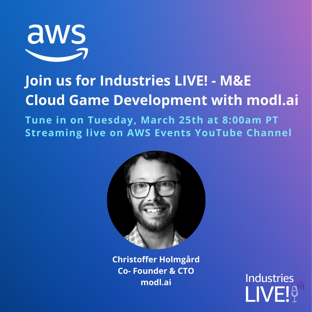 Proud to be part of <a href="/awscloud/">Amazon Web Services</a> 's Industries LIVE! steaming event on Tues, 8am PT, where <a href="/holmgard/">holmgard</a> will give an overview and demo of modl:test showing how QA bots find bugs and visual issues in mobile games. 

Find it here: hubs.la/Q03ddgG40