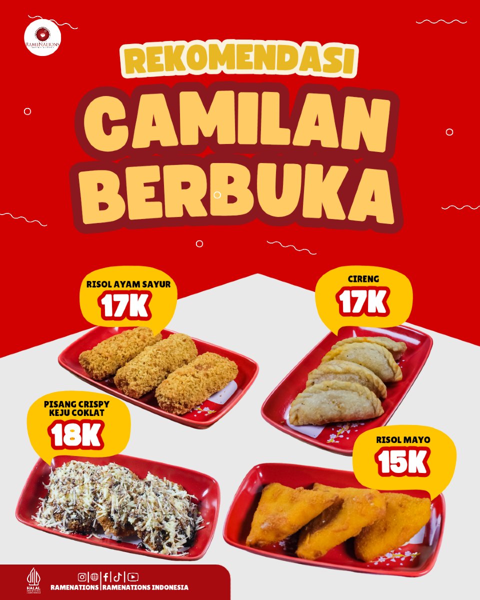 ramenations's tweet photo. KOMBO CAMILAN BUAT BUKA PALING JUARA! 😍 
Gurihnya Risol Ayam Sayur, kriuknya Cireng, lumer manisnya Pisang Crispy Keju Coklat, plus creamy Risol Mayo! 
Udah siap berbuka dengan yang terenak? 🤤🔥

#Ramenations #ramenationspalembang #palembangfood #camilan https://t.co/ksGpGSIco6
