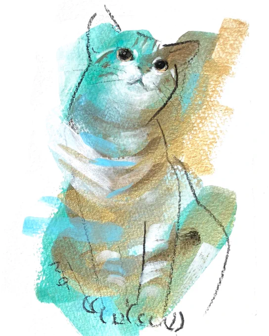 新作イラスト キジトラ猫さん ベリルグリーンとゴールドで #猫いっぱいギャラリー にて(4/9〜 #阪神梅田本店