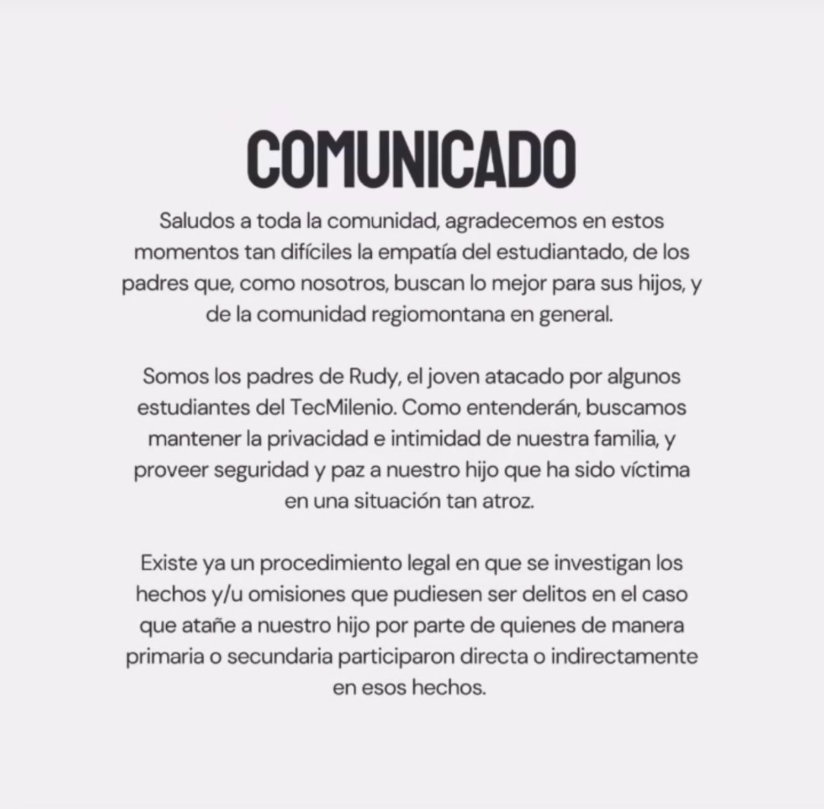 LoQuePasaEnNL's tweet photo. ¡EXPLOTA TEMA RUDY Y LO DIJIMOS! 

LA FAMILIA HABLA EN COMUNICDO EXPRESANDO LO
SIGUIENTE 👇

"Es falso que el personal administrativo del TECMilenio nos haya informado oportunamente (...) 
La manera que se manejó la situación no fue profesional". https://t.co/aim6VIUxfC