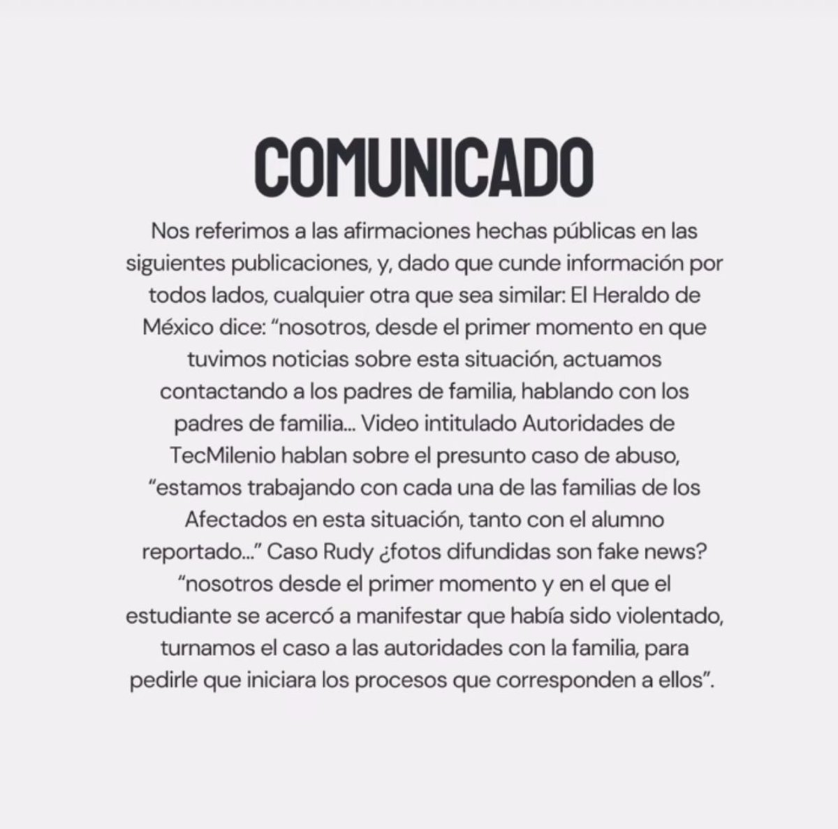 LoQuePasaEnNL's tweet photo. ¡EXPLOTA TEMA RUDY Y LO DIJIMOS! 

LA FAMILIA HABLA EN COMUNICDO EXPRESANDO LO
SIGUIENTE 👇

"Es falso que el personal administrativo del TECMilenio nos haya informado oportunamente (...) 
La manera que se manejó la situación no fue profesional". https://t.co/aim6VIUxfC
