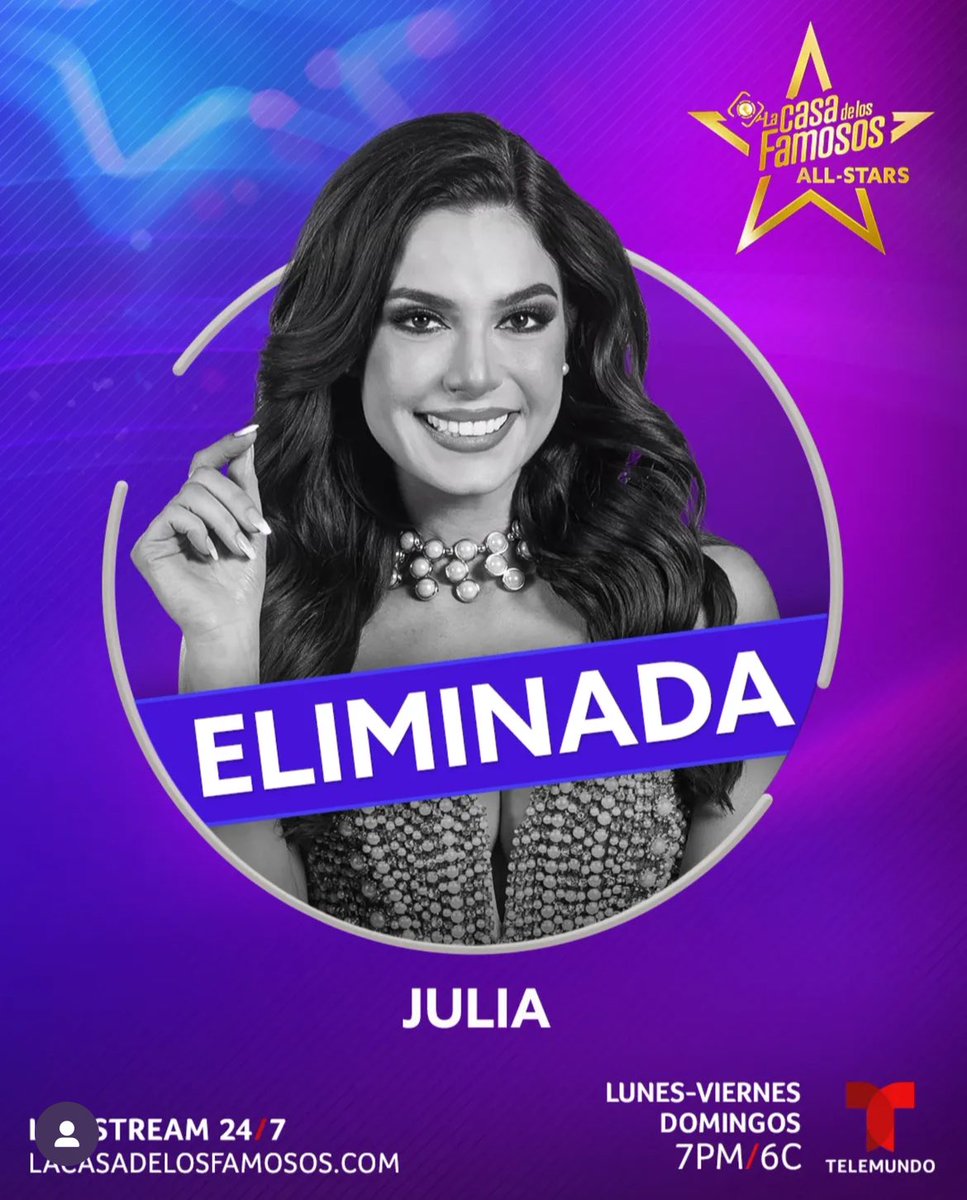Julia séptima eliminada 
Que te pareció su salida?  #LCDLFAllStars <a href="/TLMDRealities/">Telemundo Realities</a>