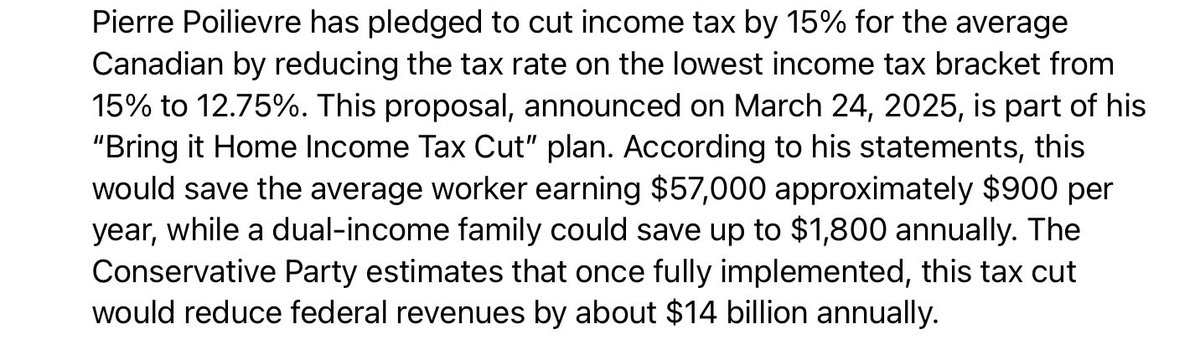 Pierre’s tax reduction is 15% of 15% = 2.25%. He isn’t cutting your taxes 15%. Taxes will be 15% less 2.25%, the new rate would be 12.75%. He’s purposely misleading those who he believes are stupid! Don’t fall for it. It’s a con game. And he’ll have to cut programs to pay for it.