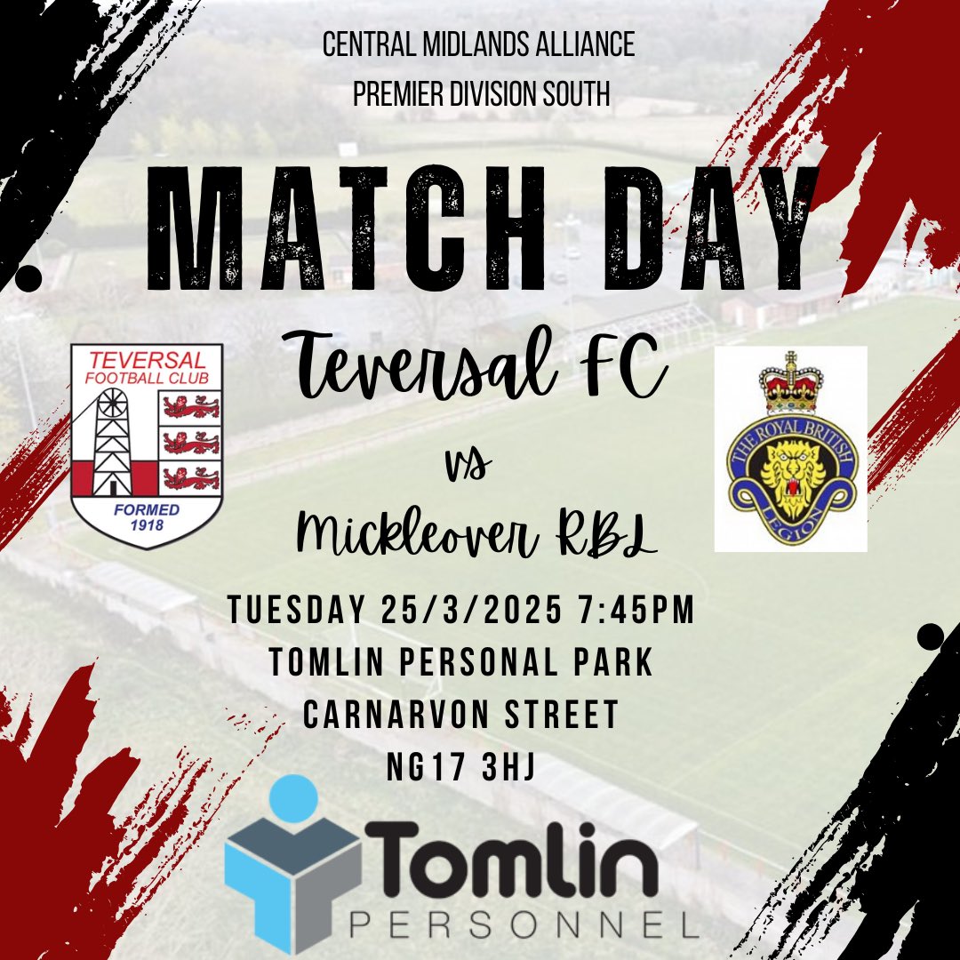Get down and support the lads under the lights vs <a href="/mickleoverrblf1/">Mickleover RBL FC</a>. 
🏟️ <a href="/TomlinPersonnel/">TomlinPersonnel</a> Park
🎟️ Adults £4 Kids/Concessions £2
🎫 U’16 free with a paying adult
🧣 Programmes/Badges/Scarfs
🍔 Tevie Tea Room
🍺 <a href="/Tevie_bar/">Tevie_bar</a>
#upthetevie #teversal #groundhoppers #nonleague #football