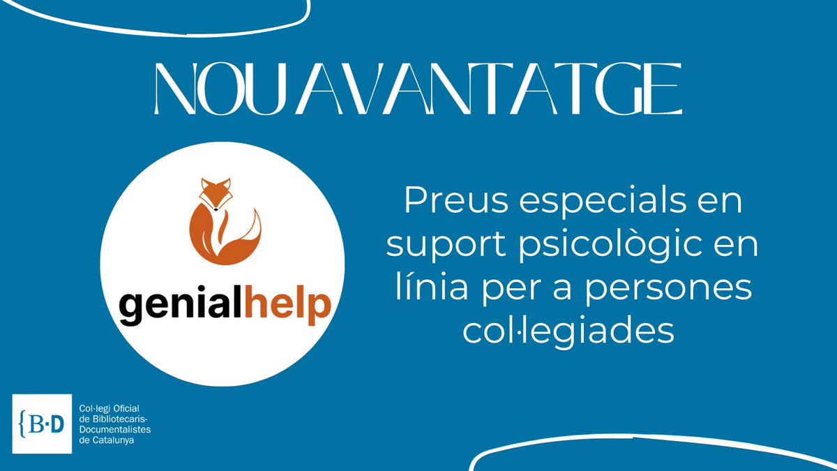 🔹 Nou avantatge! 🔹
GenialHelp ofereix preus especials en suport psicològic en línia per a col·legiats/des i familiars. Sessions flexibles, segures i sense compromís.

📲 Més informació: cobdc.org/avantatges/gen…