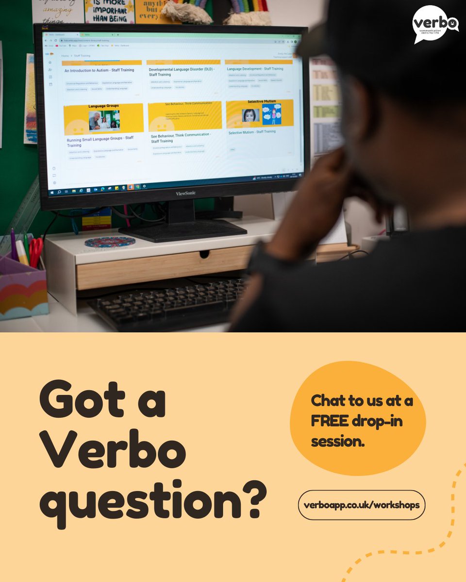 🙌 Got a Verbo question?

Join our weekly drop-in sessions with #NHS SaLTs for answers to all your #Verbo queries!
When: Weekly for staff in EY, Primary, Secondary &amp; Post 16

Register: verboapp.co.uk/workshops/