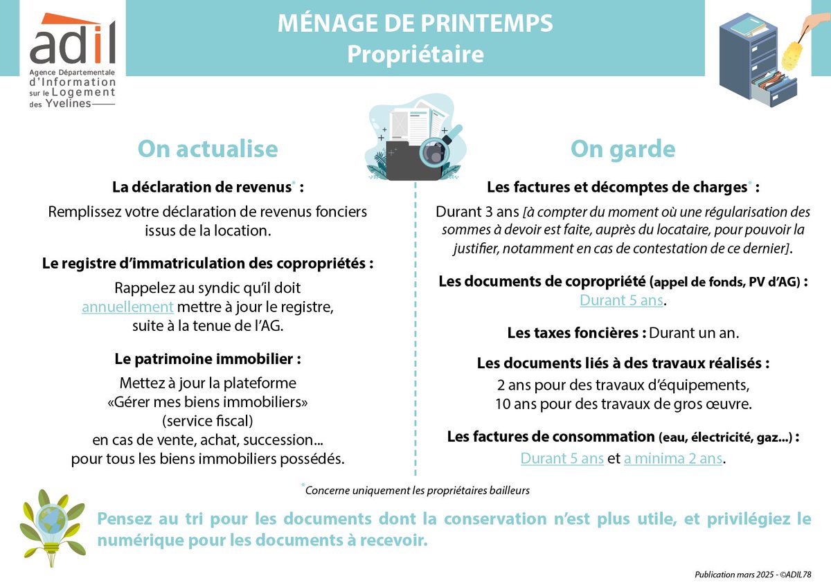 [ACTU]
Qui dit printemps 🌼 dit grand ménage 🧹

C'est l'occasion de trier vos documents ❗️ 

Consultez la fiche mémo #propriétaires : 
👉 bit.ly/4hurZmf