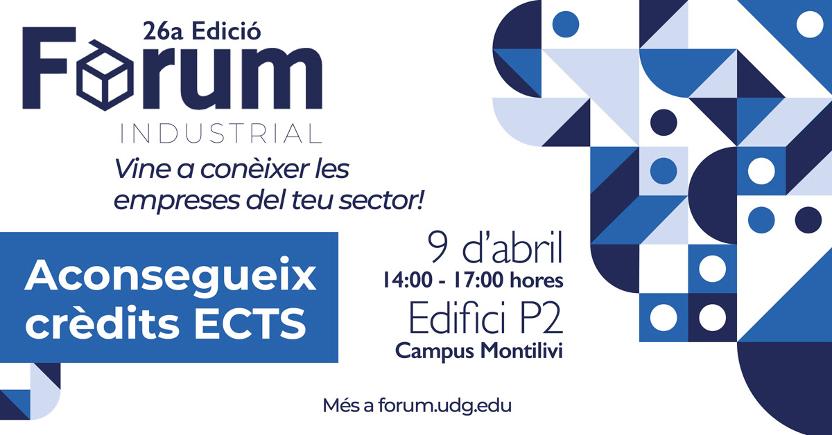 Patronat Politècnica (@patronateps) on Twitter photo Recordeu que el 3 d'abril és l'últim dia per inscriure-us a la 26a edició del Fòrum Industrial. Aquesta és una oportunitat única per connectar amb talent, descobrir noves tendències i ampliar la vostra xarxa professional.
Places limitades! Contacte: talent.patronat@eps.udg.edu Recordeu que el 3 d'abril és l'últim dia per inscriure-us a la 26a edició del Fòrum Industrial. Aquesta és una oportunitat única per connectar amb talent, descobrir noves tendències i ampliar la vostra xarxa professional.
Places limitades! Contacte: talent.patronat@eps.udg.edu