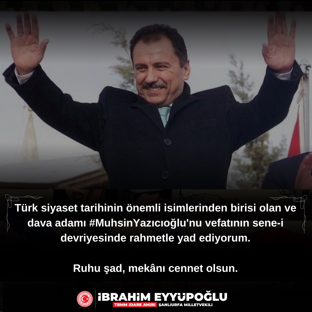 Türk siyaset tarihinin önemli isimlerinden birisi olan ve dava adamı #MuhsinYazıcıoğlu'nu vefatının sene-i devriyesinde rahmetle yad ediyorum.

Ruhu şad, mekânı cennet olsun.
