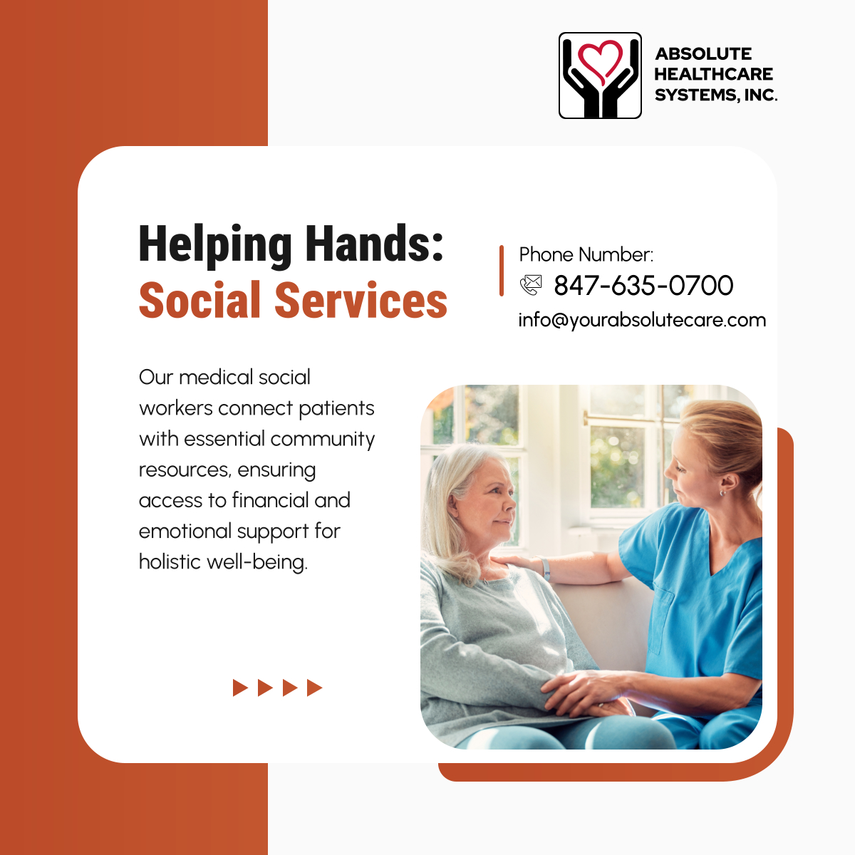 AbsoluteHCS's tweet photo. Need support navigating resources? Our social services team is here to help! Let’s ensure better health together.

#HomeHealthCare #ParkRidgeIL #SocialServices #CommunitySupport #Wellness https://t.co/9JSREOocql