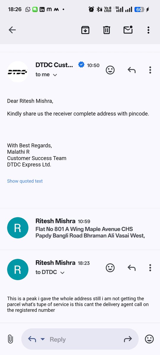 mr__mishra's tweet photo. @DTDCIndia Again the same issue all conversation was done on mail with executive address was also mention but still the parcel got returned what a pathetic service your Twitter it's Fully filled with complaint why don't you hire good delivery boy without calling  return theparcel https://t.co/sBXY20cusC