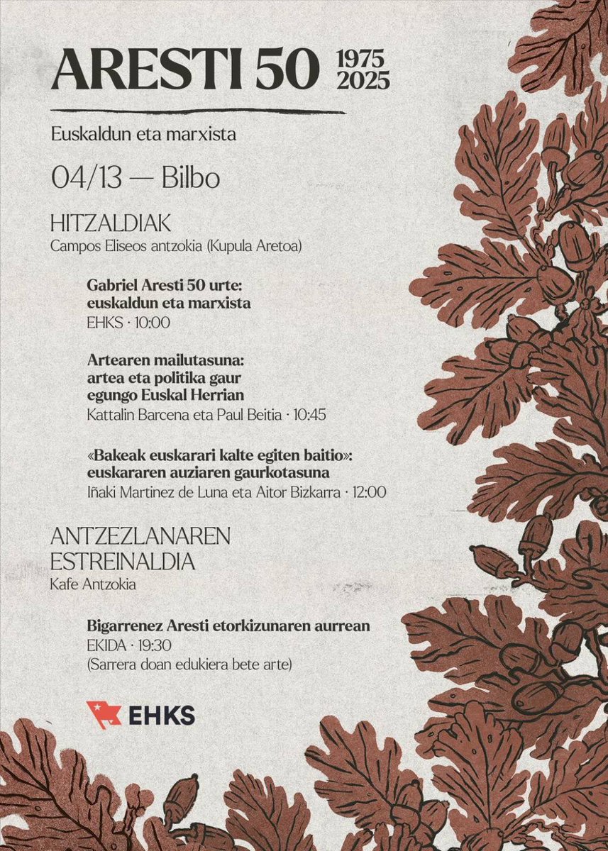 🗓️ 𝐀𝐑𝐄𝐒𝐓𝐈 𝟓𝟎

Gabriel Aresti idazlearen heriotzetik mende erdi betetzen dela eta, egun osoko egitaraua antolatu dugu apirilaren 13rako, Bilbon.

Hona hemen xehetasunak: