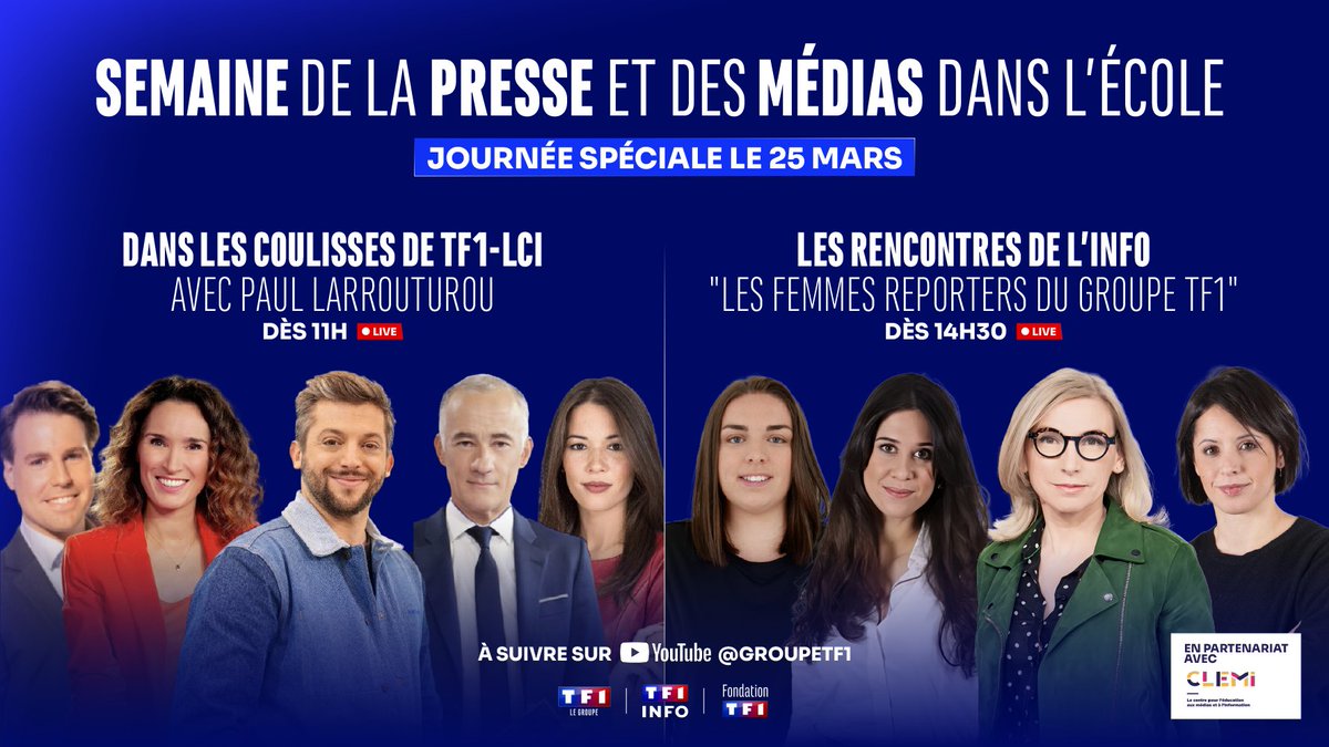 🌟 Journée spéciale à <a href="/TF1/">TF1</a> pour la 36ème édition de la Semaine de la Presse et des Médias dans l'École à suivre en direct sur Youtube 

La Direction de l'Information de TF1 et la <a href="/Tf1fondation/">Fondation TF1</a> s'engagent pour offrir à des centaines de jeunes l'opportunité de découvrir les
