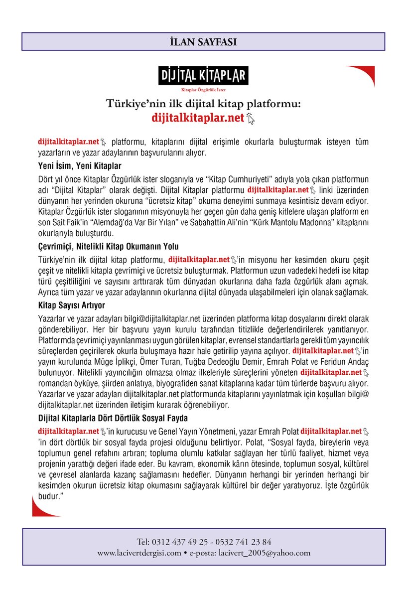 Lacivert Öykü ve Şiir Dergisi'nin 122. Sayısının İlan Sayfalarını görüyorsunuz... Kitapların, değerini bulması dileğiyle teşekkür ederiz...
123. sayımız (Mayıs 2025) için kitap ilanlarınızı bekleriz...🙏🌹💖