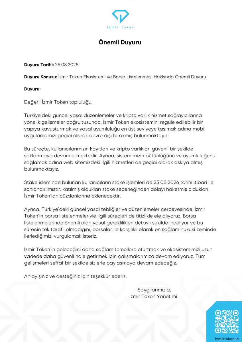 📌 Önemli Duyuru

#İzmirToken