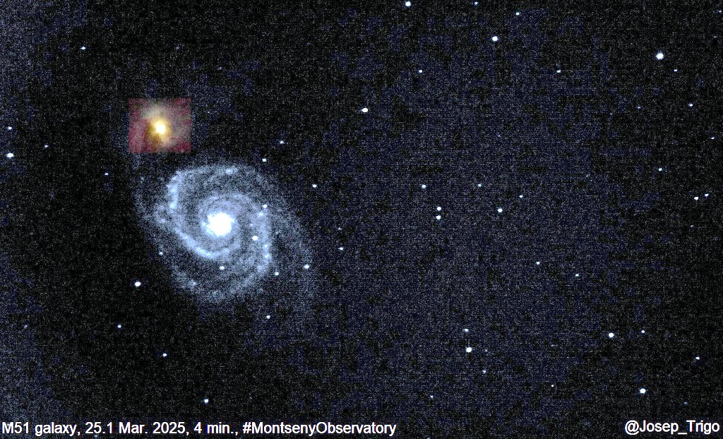 #M51 #WhirpoolGalaxy IMAGED TONIGHT. Here the result of two treatments to emphasize the different colours associated with both interacting galaxies.
4 minutes exposure using the #LX200 on Sony A6000.
#MontsenyObservatory