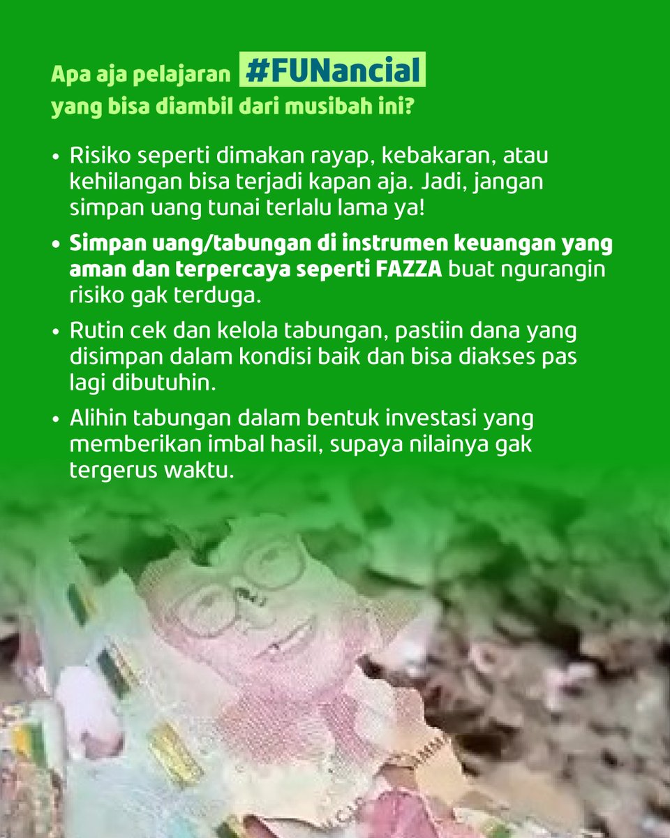fazzahero_id's tweet image. Impian mereka ngumpulin uang puluhan juta kandas begitu aja. Tabungan hasil kerja keras usaha laundry selama 4 tahun lenyap dimakan rayap!

Jangan biarin tabungan kamu bernasib sama! Yuk terapin pelajaran #FUNancial ini!

[2/3]