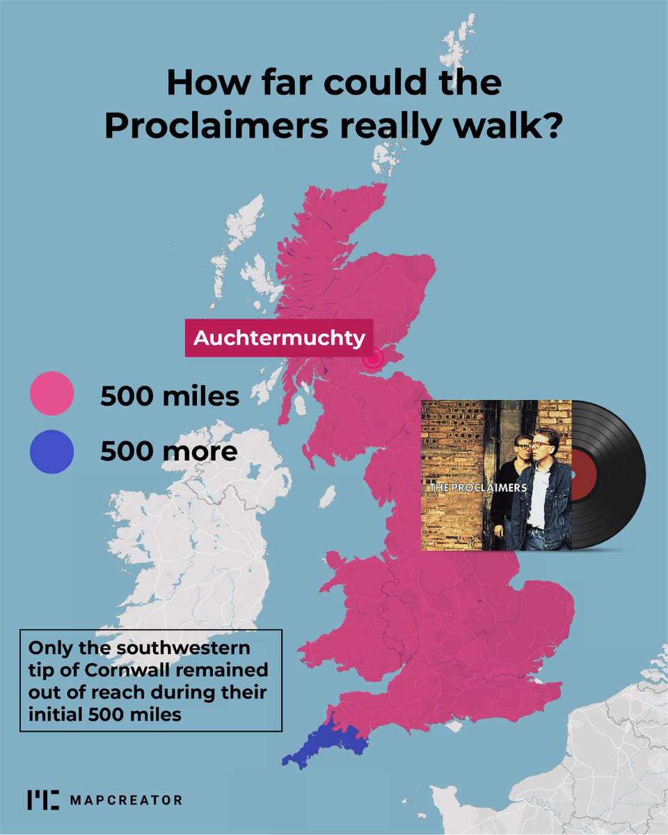 mapcreator_io's tweet image. We did the math for you: Yes, if you lived on the mainland of Great Britain, the Proclaimers could very well walk right up to your door. However, they’d need the extra 500 miles to reach the outer regions of Cornwall. 🎸 🇬🇧 #unitedkingdom #mapcreation #500miles