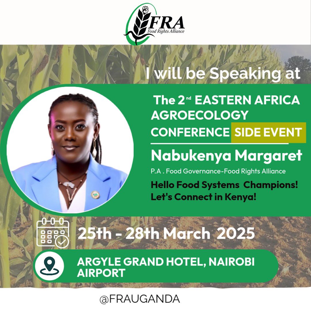 <a href="/margaretmarian6/">Margaret Marian</a> from the Food and Governance department at <a href="/FRAUGANDA/">Food Rights Alliance - FRA</a> will speak today with a focus on multi stakeholder engagement and policy influence in agroecology.

Join the conversation in Parallel session 4, Victoria Mall 2 at Argyle Grand Hotel. 

#WomenInFoodSystems