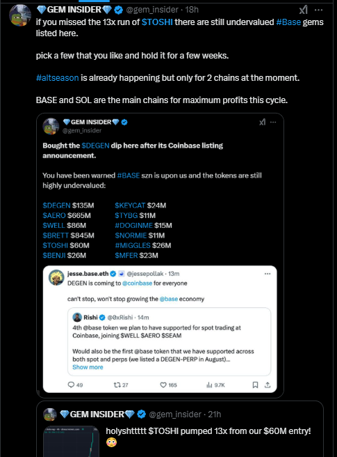 gem_insider's tweet photo. 🚨 IT'S ALMOST TIME FOR THOSE 10X'S AGAIN.

$TOSHI 16x in 2 weeks
$BARRON 23x in 6 hours
#VIRTUAL 106x in 2 months
#FARTCOIN 135x in 3 months
$SPX 90x in 3 months
$PNUT 50x in 5 days
$FWOG 75x in 82 days
$KASPER 240x in 37 days

comment + repost if you want the next 10x play. https://t.co/FSZizxfwIn
