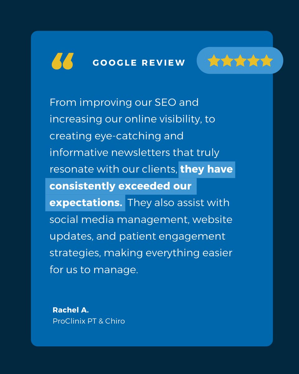 PracticePromos's tweet image. &quot;They truly take the time to understand our practice and work closely with us to implement strategies that drive results.&quot; 

ProClinix PT has seen consistent growth in new patient volume every year since becoming a Practice Promotions client!  #HappyClients