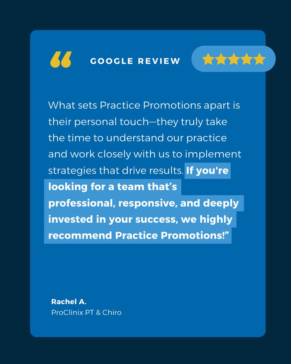 PracticePromos's tweet image. &quot;They truly take the time to understand our practice and work closely with us to implement strategies that drive results.&quot; 

ProClinix PT has seen consistent growth in new patient volume every year since becoming a Practice Promotions client!  #HappyClients