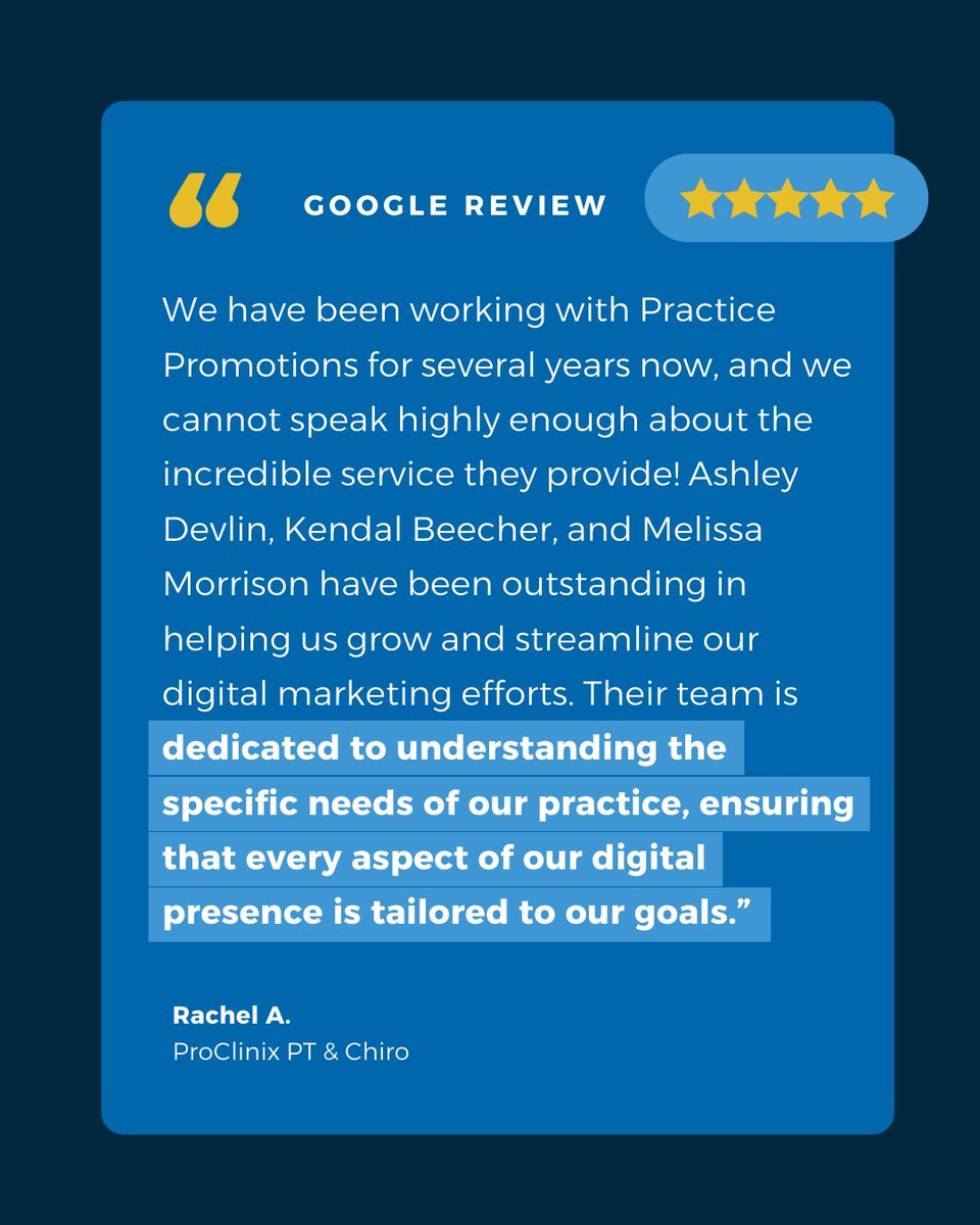 PracticePromos's tweet image. &quot;They truly take the time to understand our practice and work closely with us to implement strategies that drive results.&quot; 

ProClinix PT has seen consistent growth in new patient volume every year since becoming a Practice Promotions client!  #HappyClients