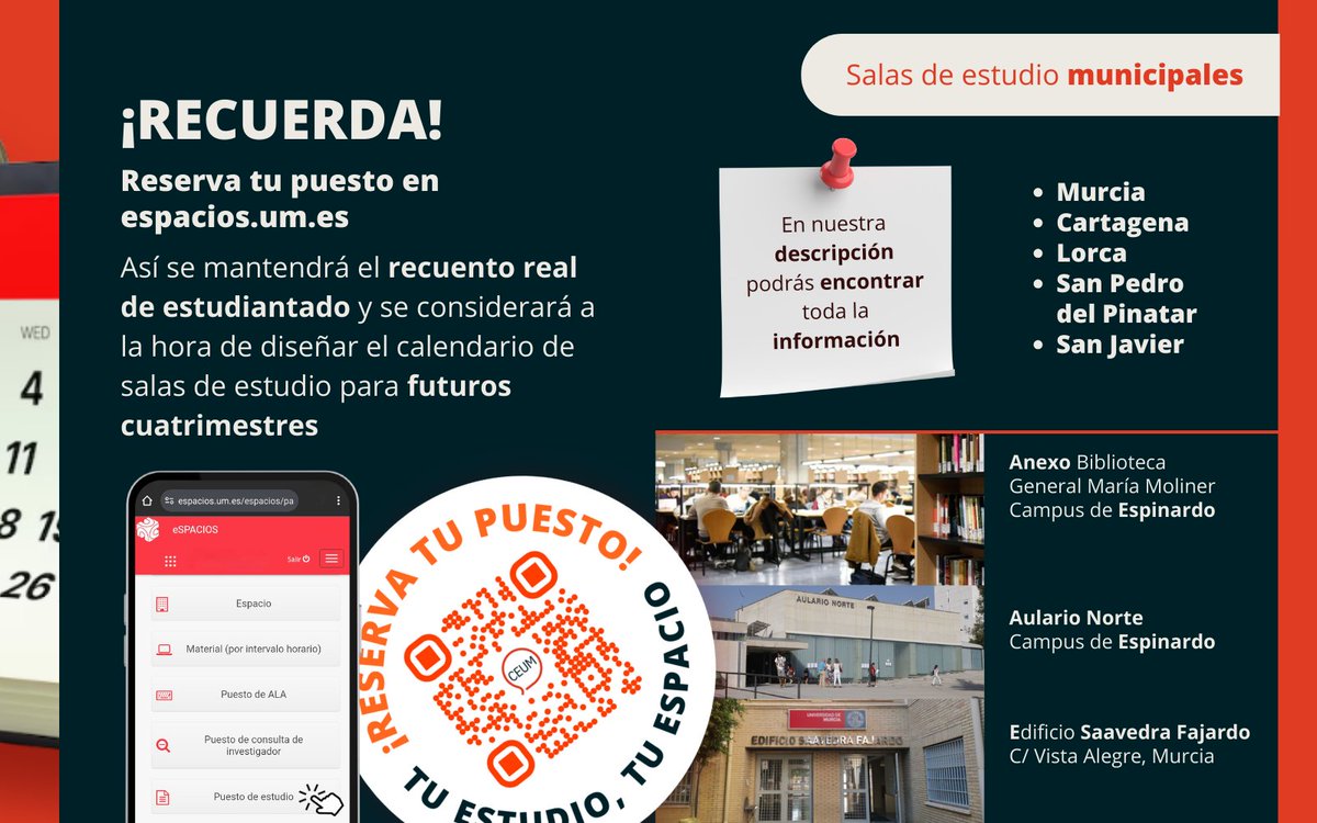 encuentra información sobre Salas de Estudio Municipales en nuestro linktr.ee/ceum_es 📕

reserva tu puesto de estudio en espacios.um.es 🙌