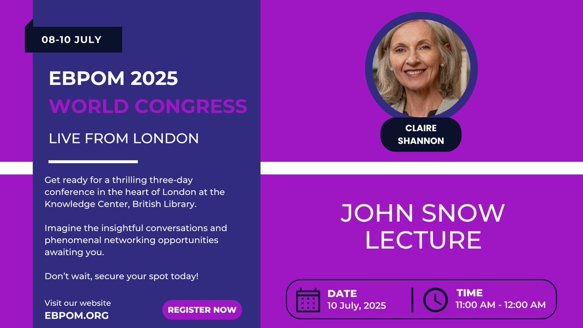 EBPOM (@ebpom) on Twitter photo Join us at #EBPOM World Congress 2025 for the John Snow Lecture, delivered this year by <a href="/RCoAPresident/">Dr Claire Shannon</a> Dr Claire Shannon.
John Snow was the father of modern epidemiology, who transformed public health with his work on cholera mapping.
#EBPOM2025 #PerioperativeMedicine Join us at #EBPOM World Congress 2025 for the John Snow Lecture, delivered this year by <a href="/RCoAPresident/">Dr Claire Shannon</a> Dr Claire Shannon.
John Snow was the father of modern epidemiology, who transformed public health with his work on cholera mapping.
#EBPOM2025 #PerioperativeMedicine