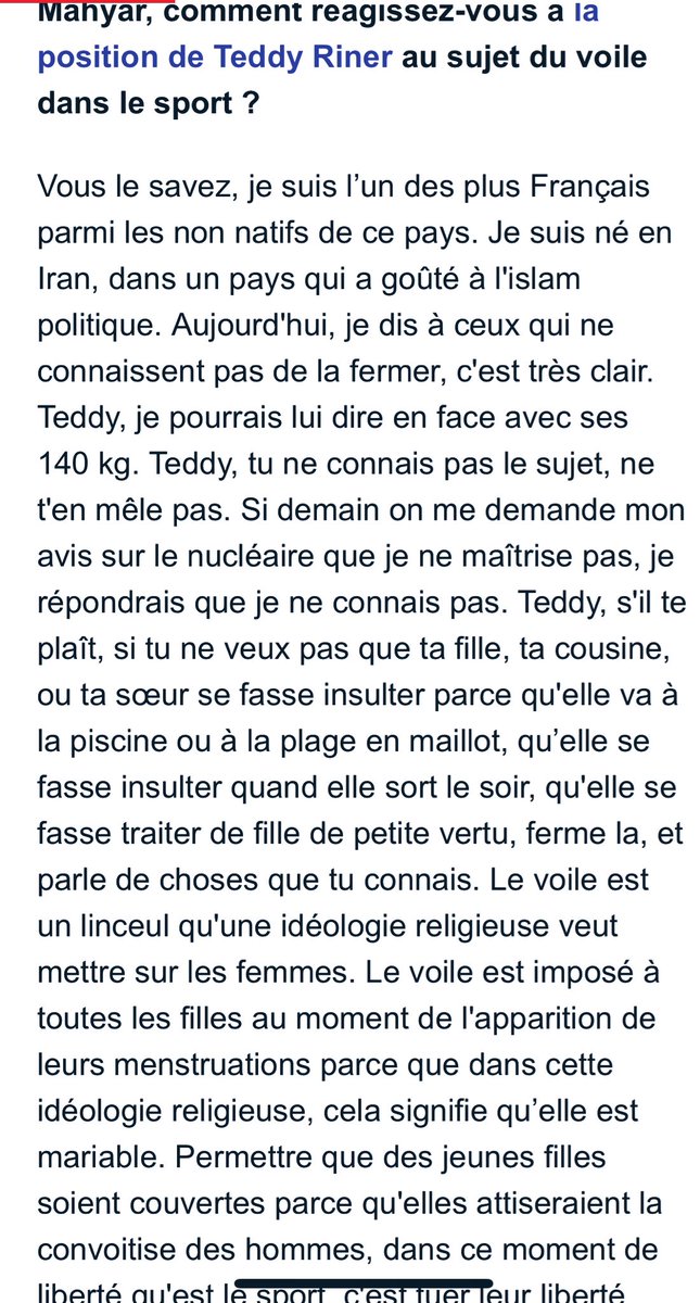 Uppercut du boxeur franco-iranien Mahyar Monshipour à <a href="/teddyriner/">Teddy Riner</a> au sujet du port du voile dans le sport.

Les Iraniens savent mieux que quiconque comment l’islamisme politique s’immisce dans la démocratie pour la réduire à néant. Il ne faut pas céder !

#laïcité
#sport