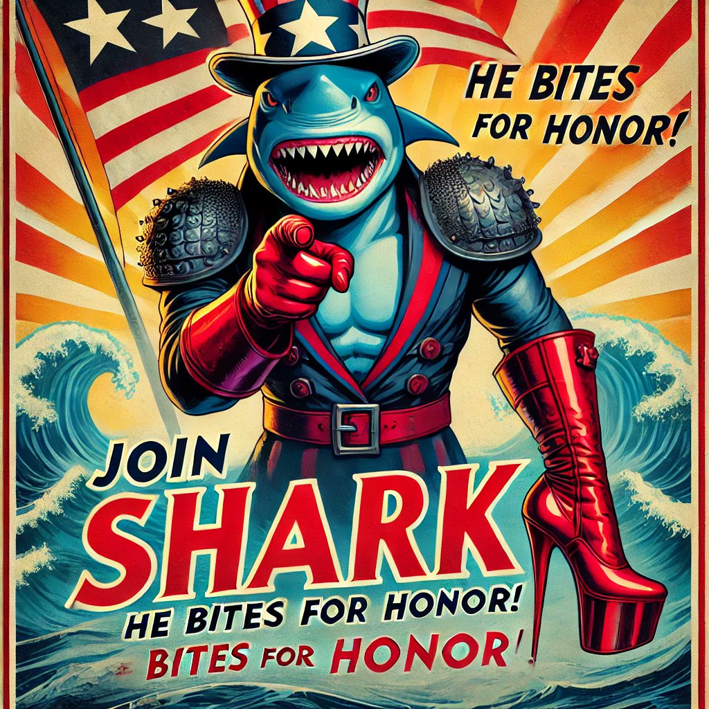 SharkConquerant's tweet photo. 🎖️ JOIN SHARK – HE BITES FOR HONOR! 🦈💥
Voici l’affiche de propagande officielle de Shark le Conquérant, look de général en talons rouges, doigt pointé droit vers l’avenir (et la bagarre). Les vagues tonnent, les drapeaux claquent, et l’honneur se mord à pleines dents. https://t.co/T5wTBzDyRz