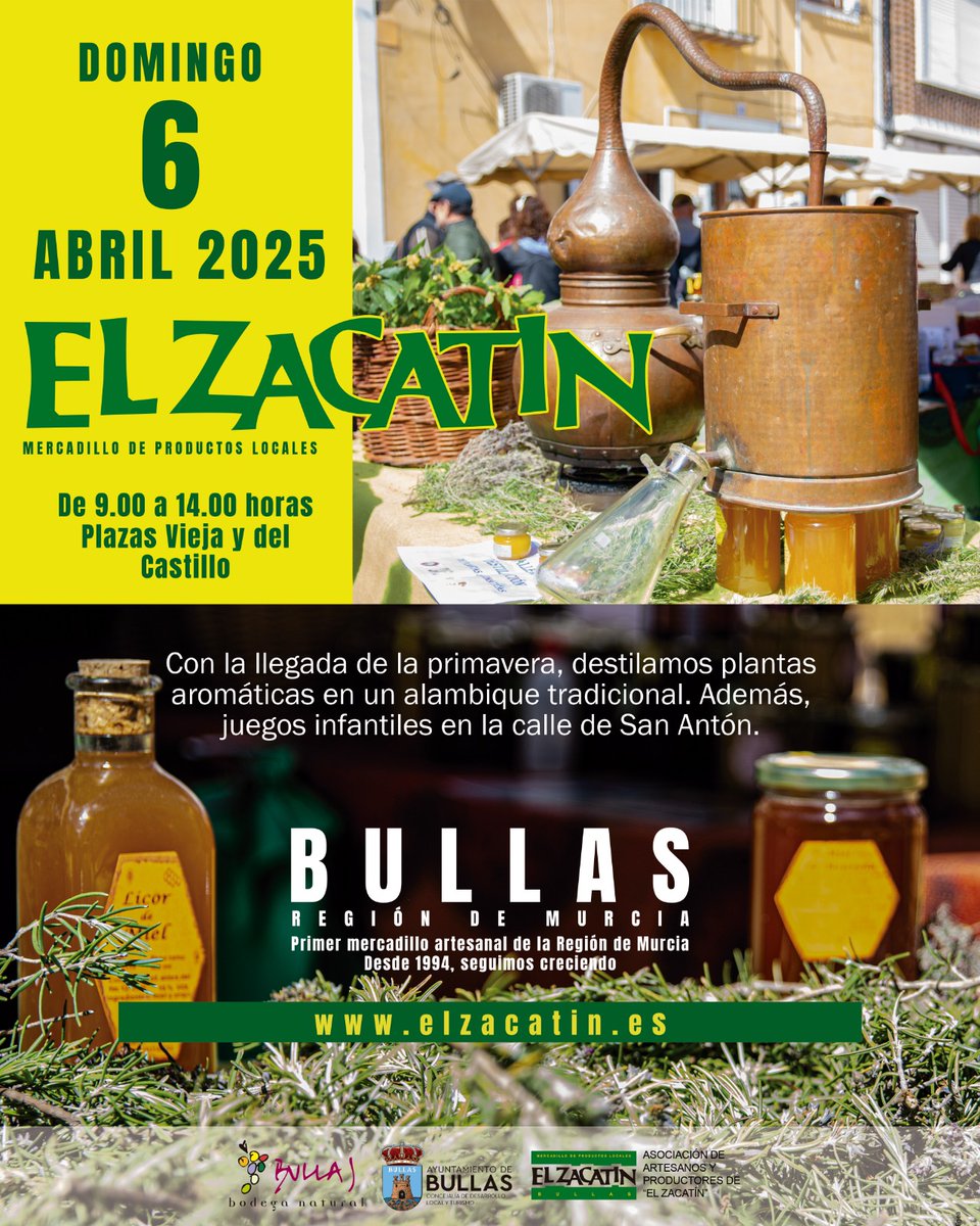 🌸 El domingo 6 de abril, el Mercadillo de Productos Locales El Zacatín se llena de colores y aromas con las plantas aromáticas como protagonistas. 🌿
📅 Domingo, 6 de abril
🕘 Horario: 9:00 - 14:00 h
📍 Plaza Vieja y Castillo de Bullas
¡No te lo pierdas! 🌿✨ #ElZacatín #Bullas