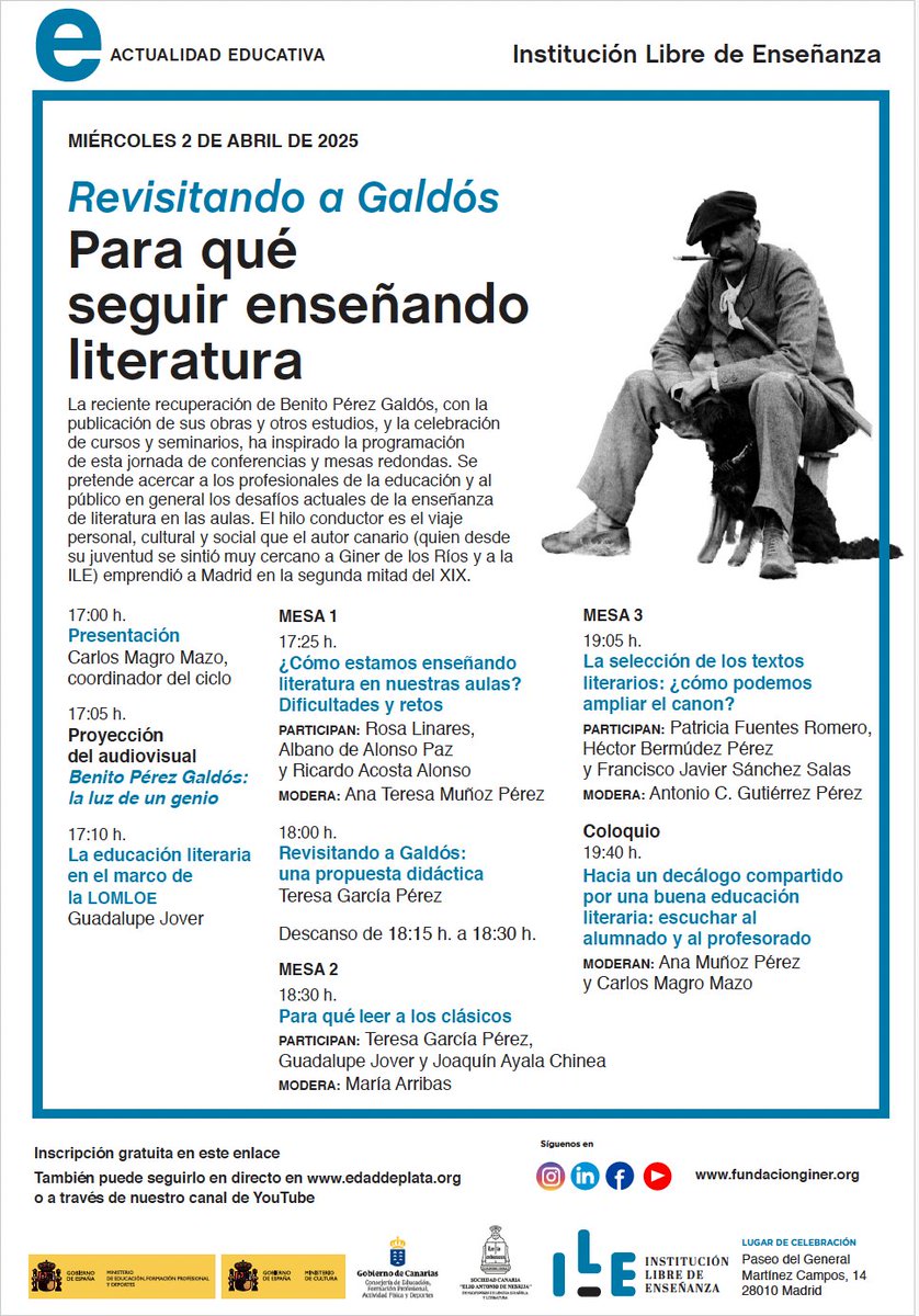El miércoles 2 de abril hemos organizado en <a href="/FundacionGiner/">Institución Libre de Enseñanza</a> una jornada para conversar sobre enseñanza de la literatura en la escuela con profesoras y profesores realmente buenos¡

Va a merecer la pena. La asistencia es gratuita. Puedes inscribirte aquí 👉forms.gle/Ye1mCVfU4n6Ydn…