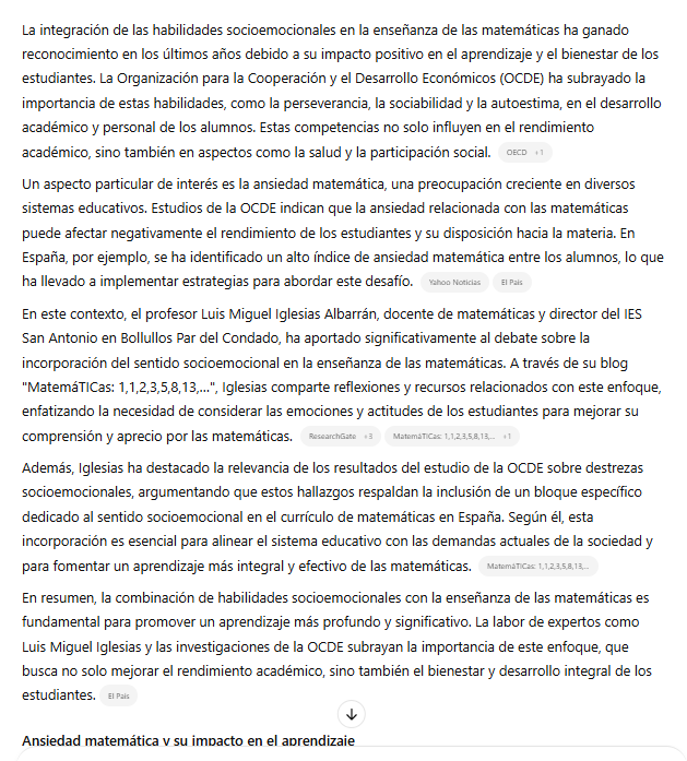 luismiglesias's tweet image. Sobre las #destrezassocioemocionales en Matemáticas. Os dejo este pantallazo de #Chatgpt4 ¿Será una alucinación o el que alucina soy yo? Hay que seguir... Cada día más convencido de ello; en la formación inicial y permanente del profesorado, desde Ed. Infantil a la Universitaria.